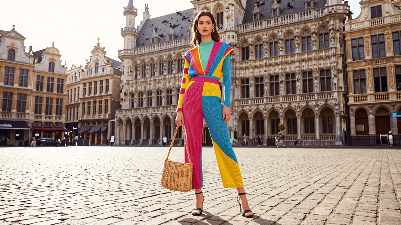 Colorful High Fashion Model in Brussels Belgium Bright Midmorning Light Wicker Shadow on Cobblestone in in Brussels, Belgium