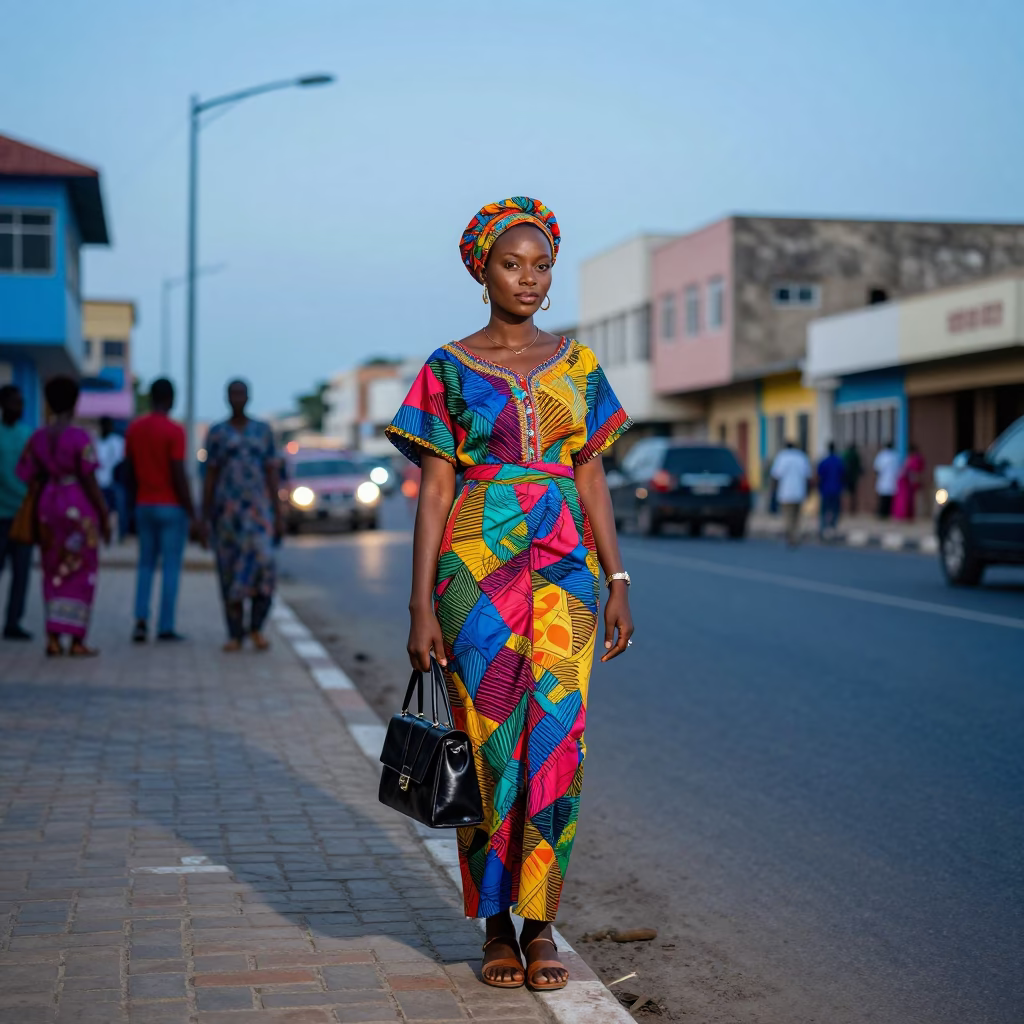 Colorful High Fashion Portrait at Nautical Dawn in Dakar Senegal Street Scene in in Dakar, Senegal