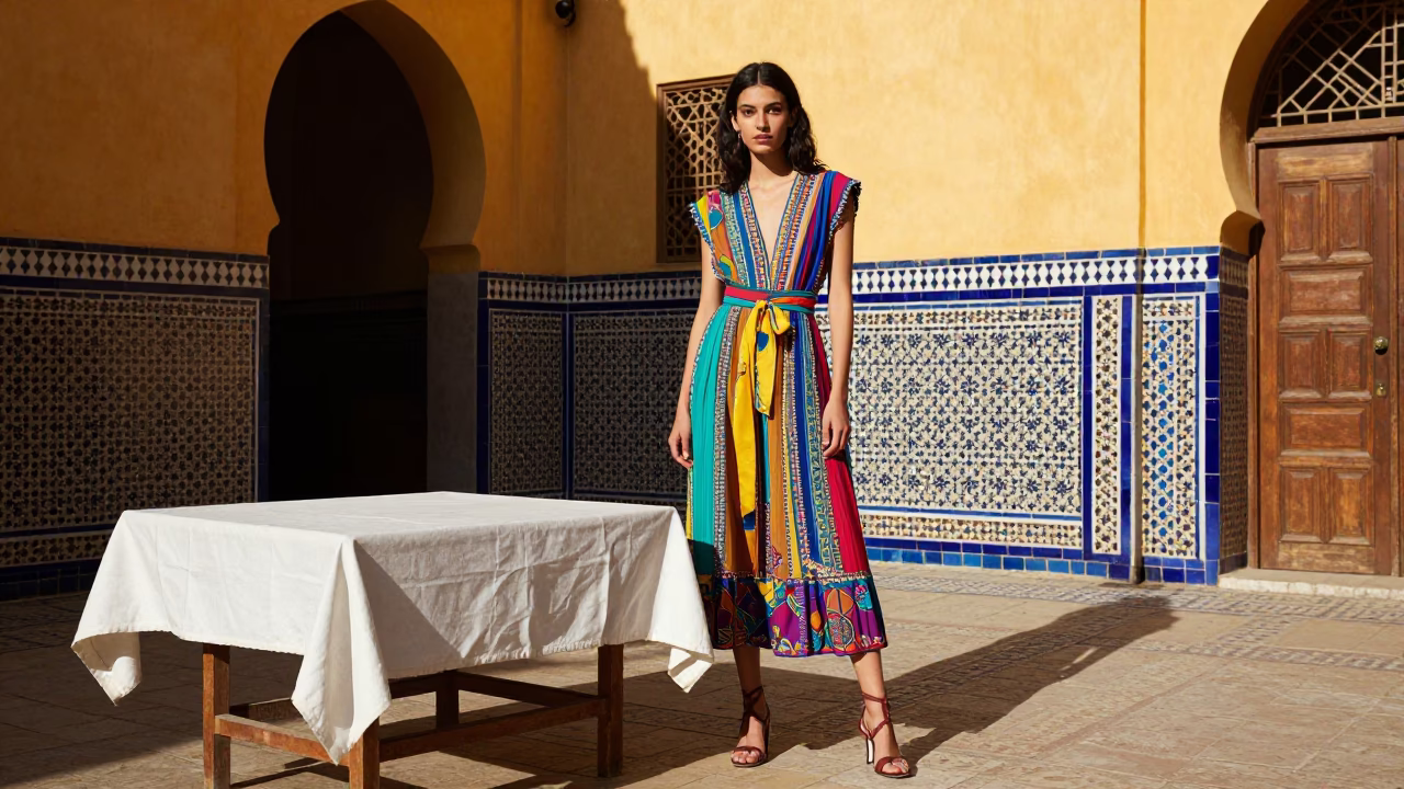 Colorful High Fashion Portrait in Fez Morocco Late Morning Street Scene in in Fez, Morocco