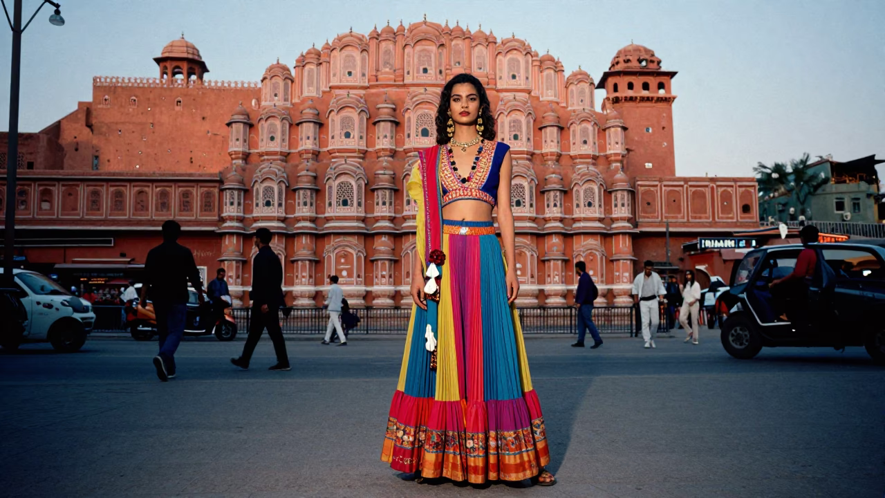 Colorful High Fashion Portrait in Jaipur India Evening Street Scene with Traditional Architecture in in Jaipur, India