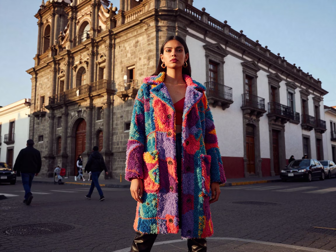 Colorful High Fashion Portrait in Quito Late Afternoon with Local Street Details in in Quito, Ecuador