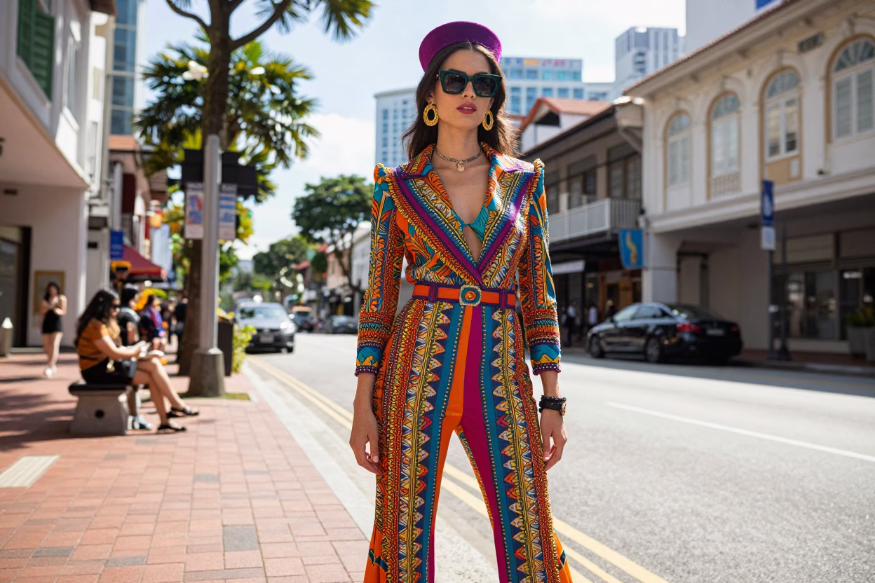 Colorful High Fashion Portrait in Singapore Winter Noon Street Scene in in Singapore, Singapore