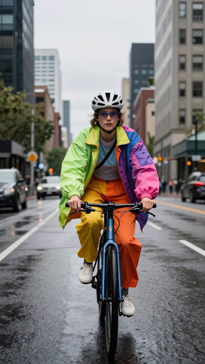Colorful High Fashion Portrait of a Cyclist in Rainy Seattle Afternoon in in Seattle, Washington, United States