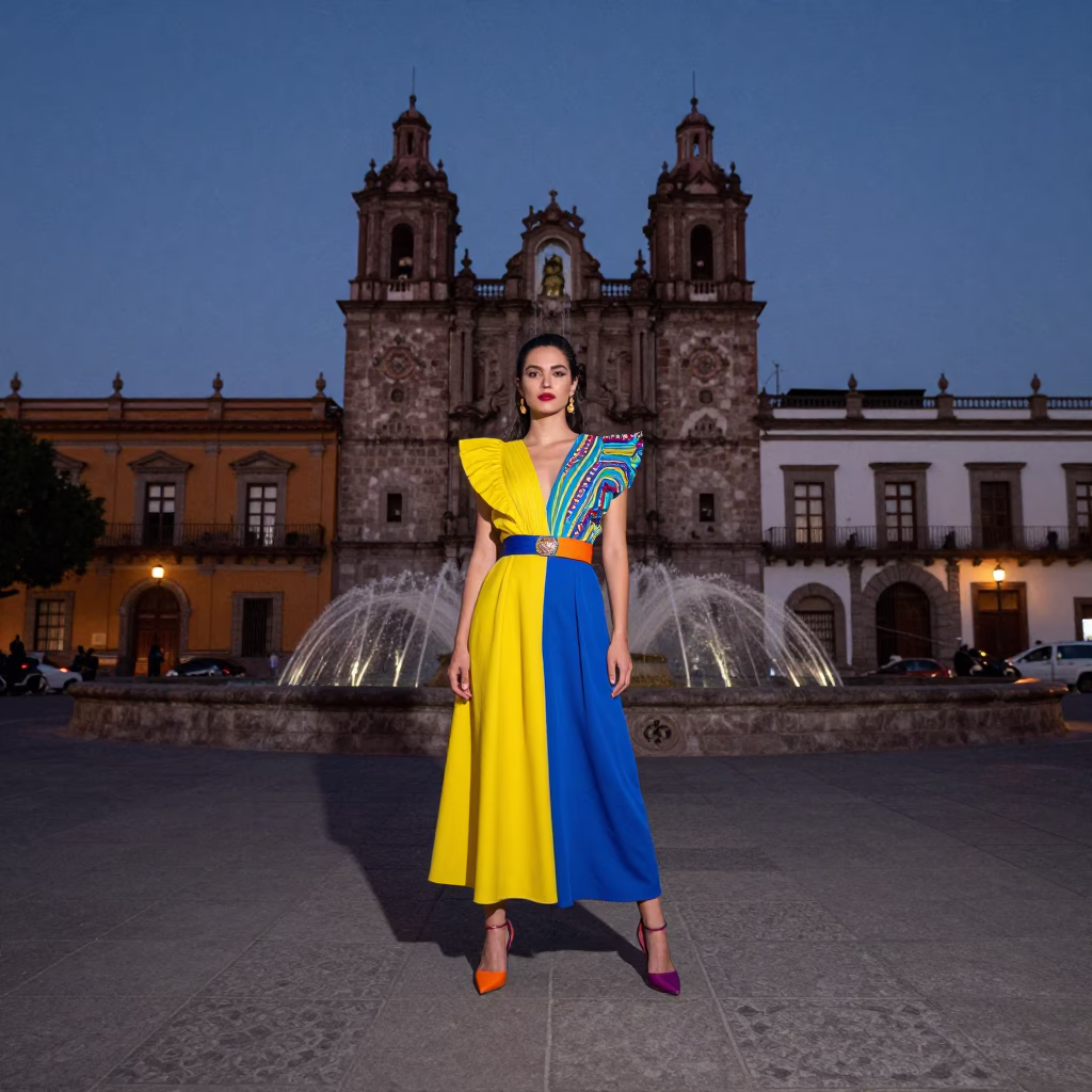 Colorful High Fashion Portrait of Woman in Guadalajara Plaza at Nautical Dawn in in Guadalajara, Mexico