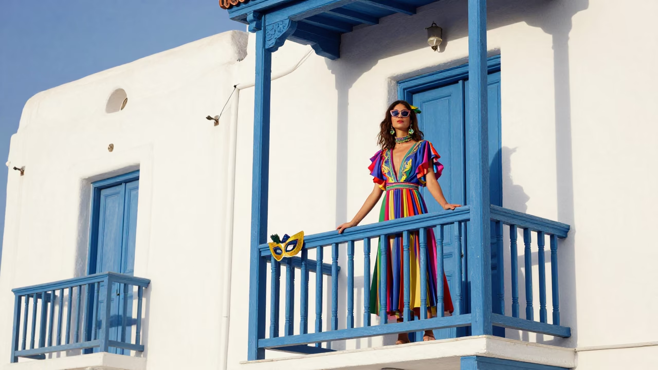 Colorful High Fashion Portrait on Athens Balcony with Mardi Gras Mask Detail in in Athens, Greece