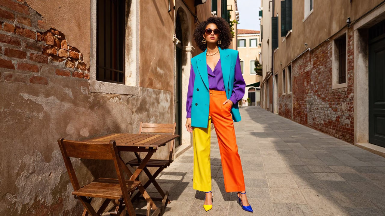Colorful High Fashion Street Photography in Venice Italy Late Morning in in Venice, Italy