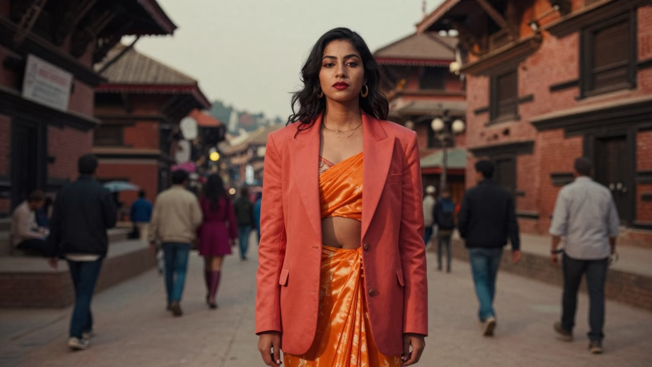 Colorful High Fashion Street Portrait in Kathmandu Nepal Before Dusk in in Kathmandu, Nepal