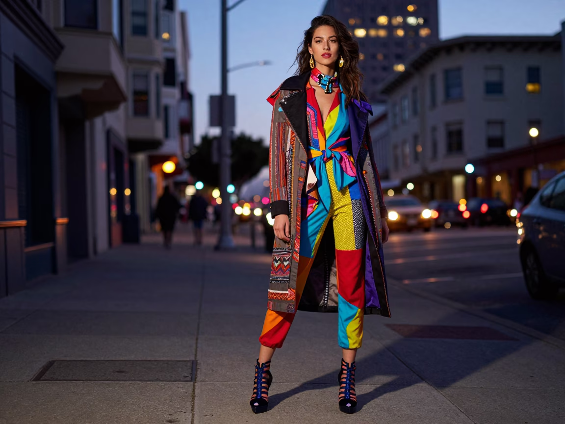 Colorful High Fashion Street Portrait in San Francisco at Dusk with Urban Mural Backdrop in in San Francisco, California, United States