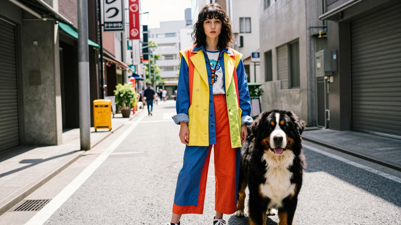 Colorful High Fashion Street Portrait with Bernese Mountain Dog in Bright Osaka Midmorning Light in in Osaka, Japan