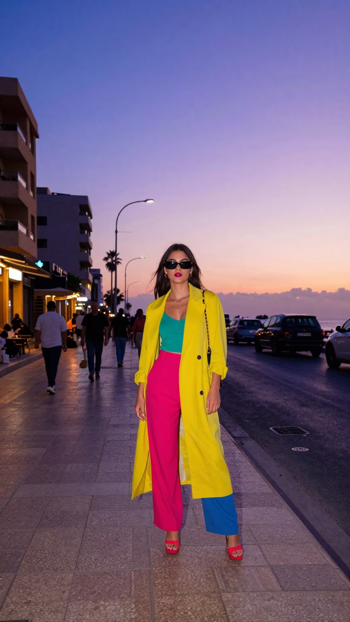 Colorful High Fashion Street Style in Beirut Lebanon at Nautical Dawn in in Beirut, Lebanon