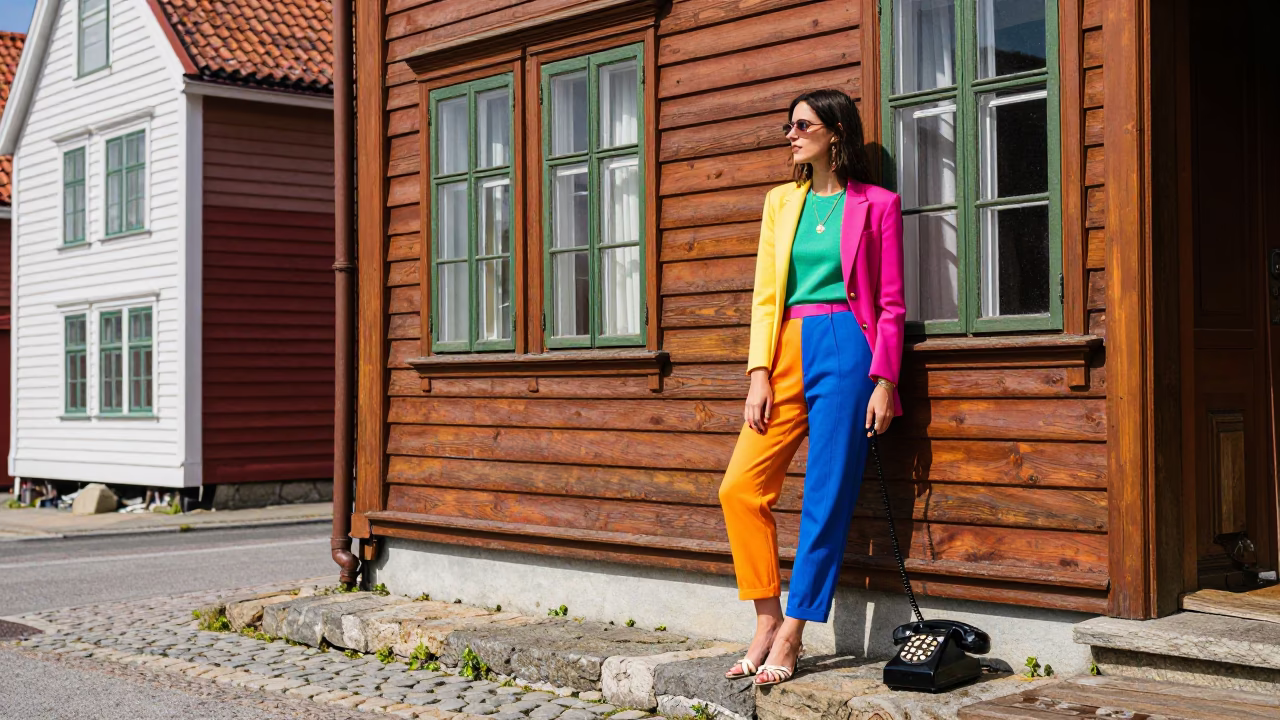 Colorful High Fashion Street Style in Bergen Norway with Vintage Bakelite Telephone in in Bergen, Norway