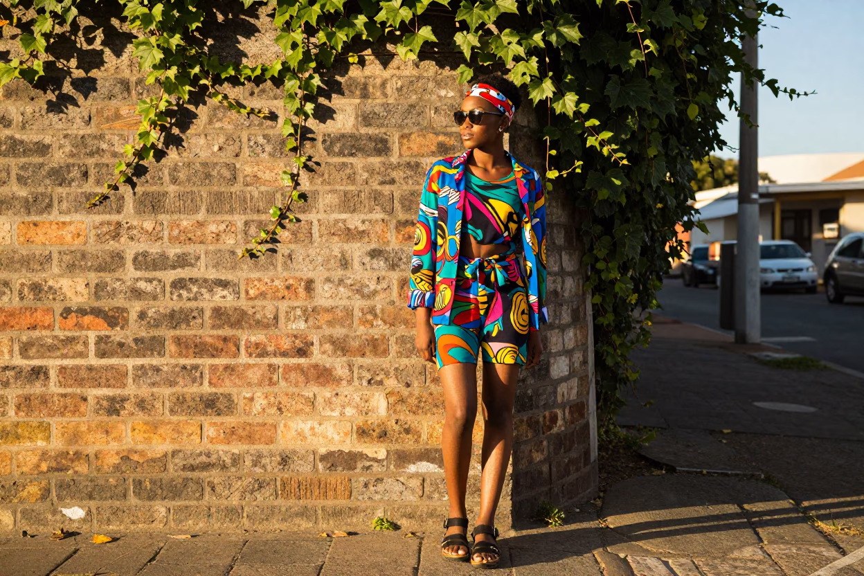 Colorful High Fashion Street Style in Durban Late Afternoon Sunlight in in Durban, South Africa