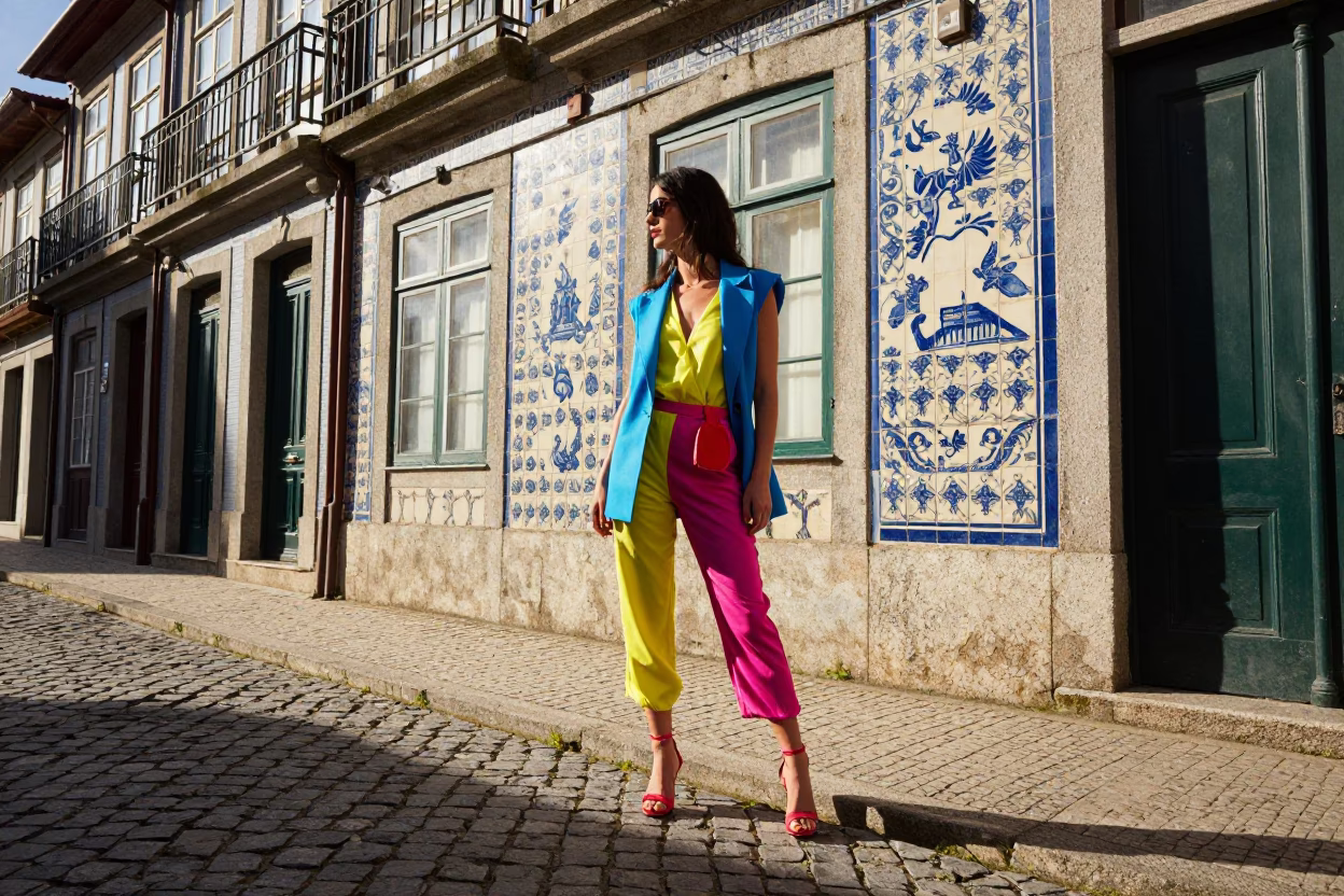 Colorful High Fashion Street Style in Porto Portugal Late Morning Light in in Porto, Portugal