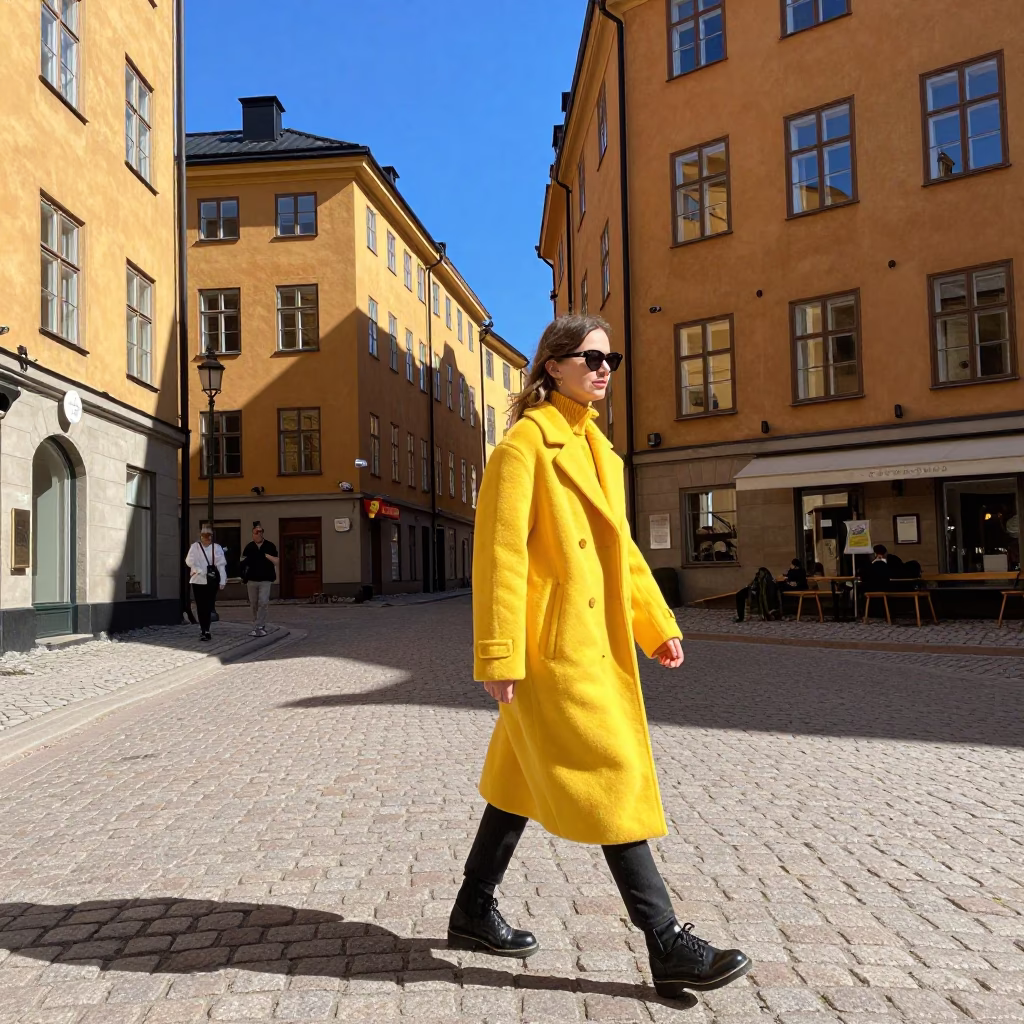 Colorful High Fashion Street Style in Stockholm Sweden Bright Midmorning Light in in Stockholm, Sweden
