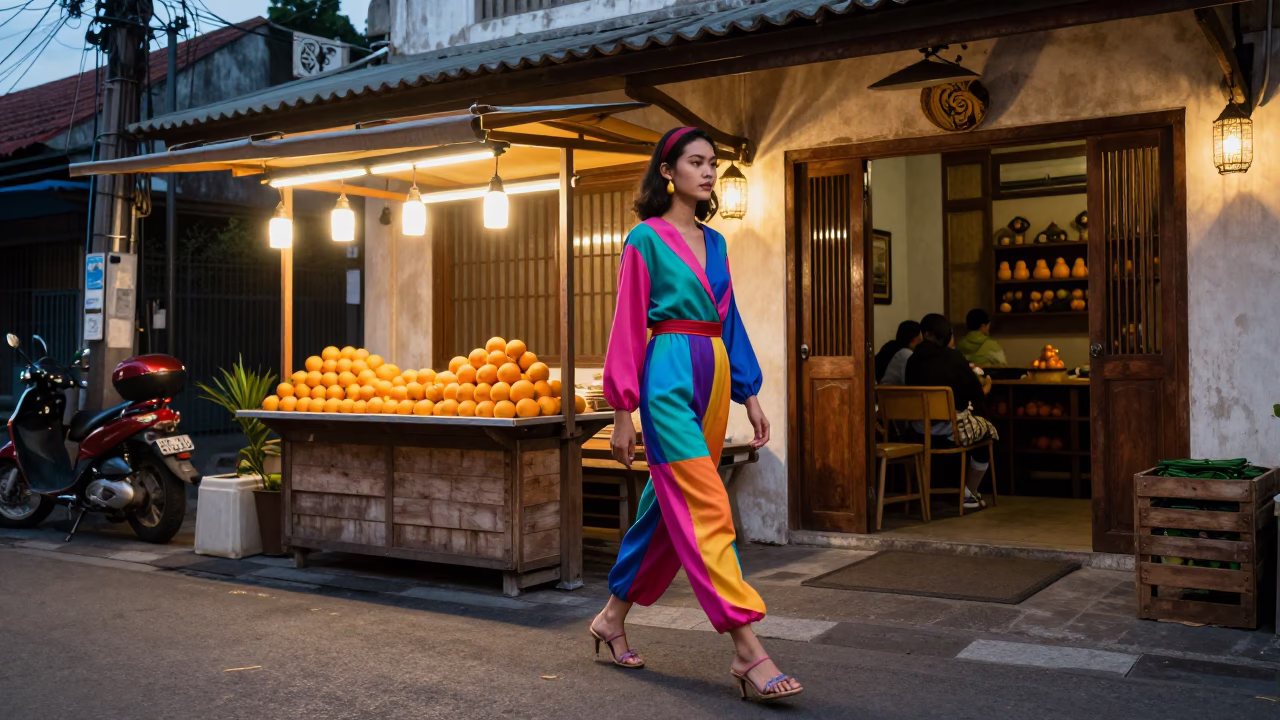 Colorful High Fashion Street Style in Surabaya Indonesia Evening Light in in Surabaya, Indonesia