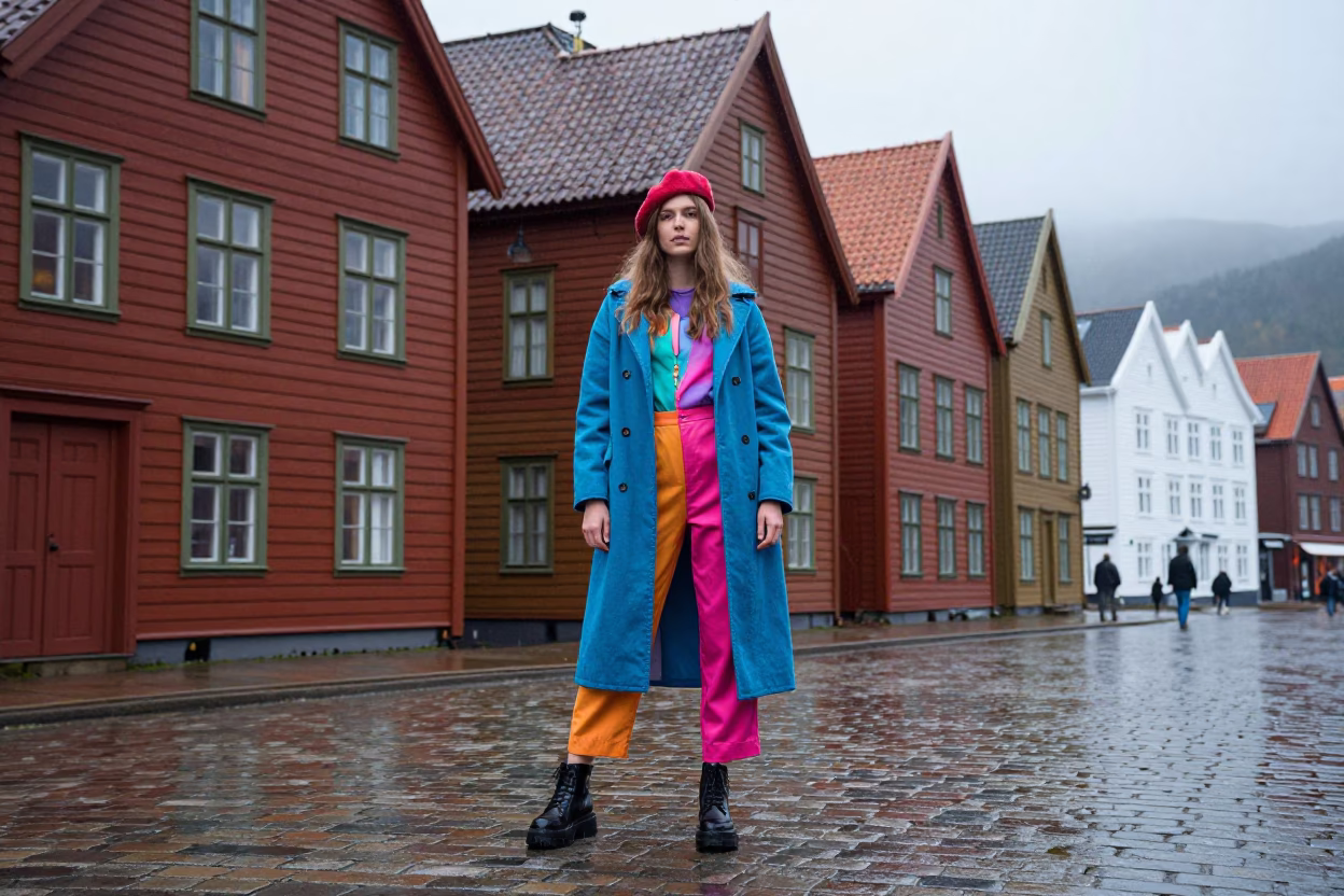 Colorful High Fashion Street Style Portrait in Bergen Norway Rainy Afternoon in in Bergen, Norway
