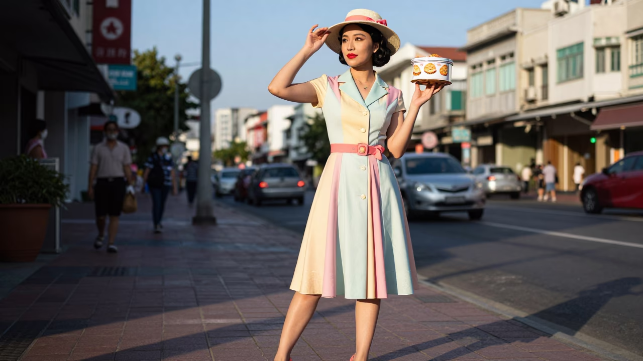 Colorful High Fashion Street Style Portrait in Kaohsiung Late Afternoon Light with Traditional Architecture in in Kaohsiung, Taiwan