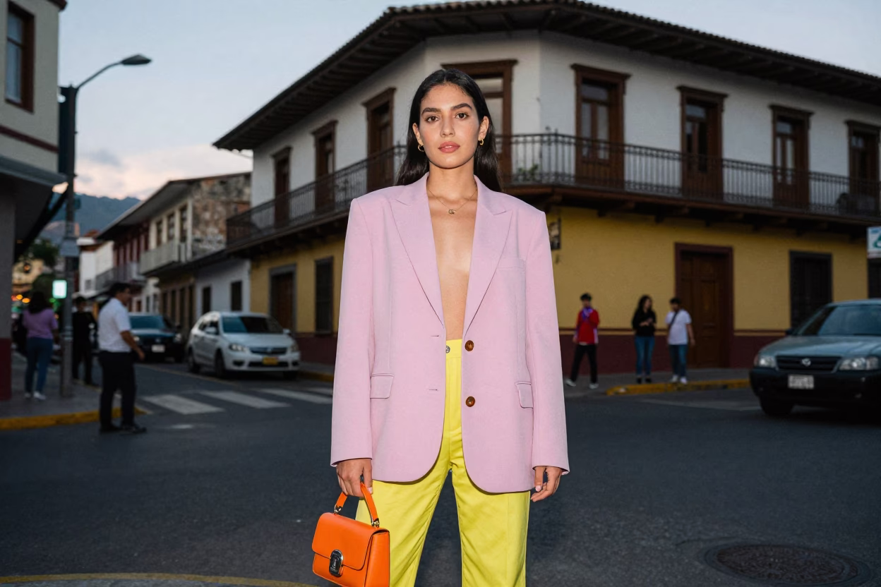 Colorful High Fashion Street Style Portrait in Medellín Colombia Early Evening in in Medellin, Colombia