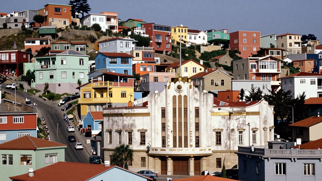 Colorful Hillside Houses and Art Deco Cinema Facade in Valparaiso Chile Midmorning in in Valparaiso, Chile