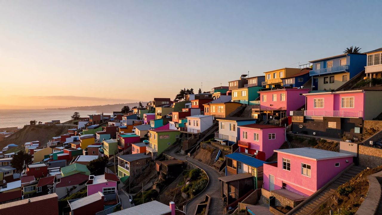 Colorful Hillside Houses And Ocean Horizon in Valparaiso in in Valparaiso, Chile