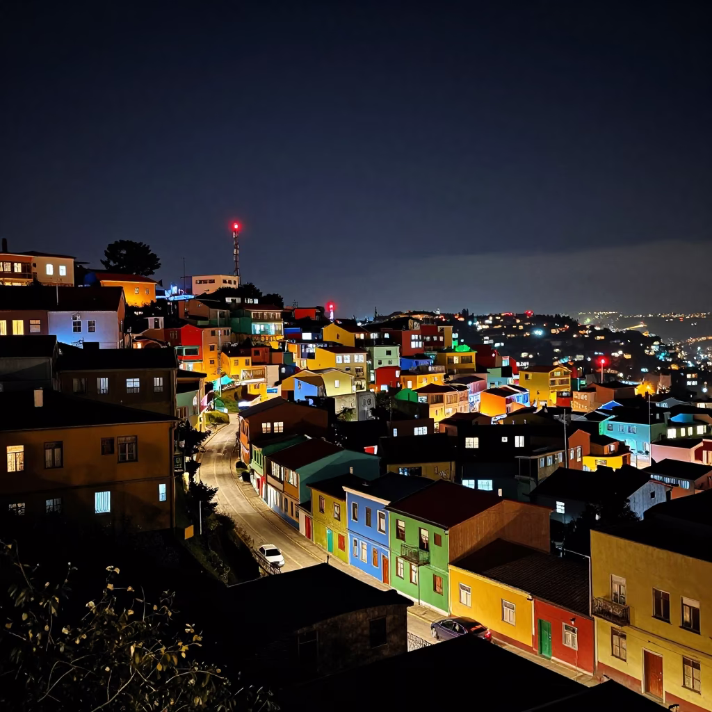 Colorful Hillside in Valparaiso at The Deepest Night Sky Light in in Valparaiso, Chile