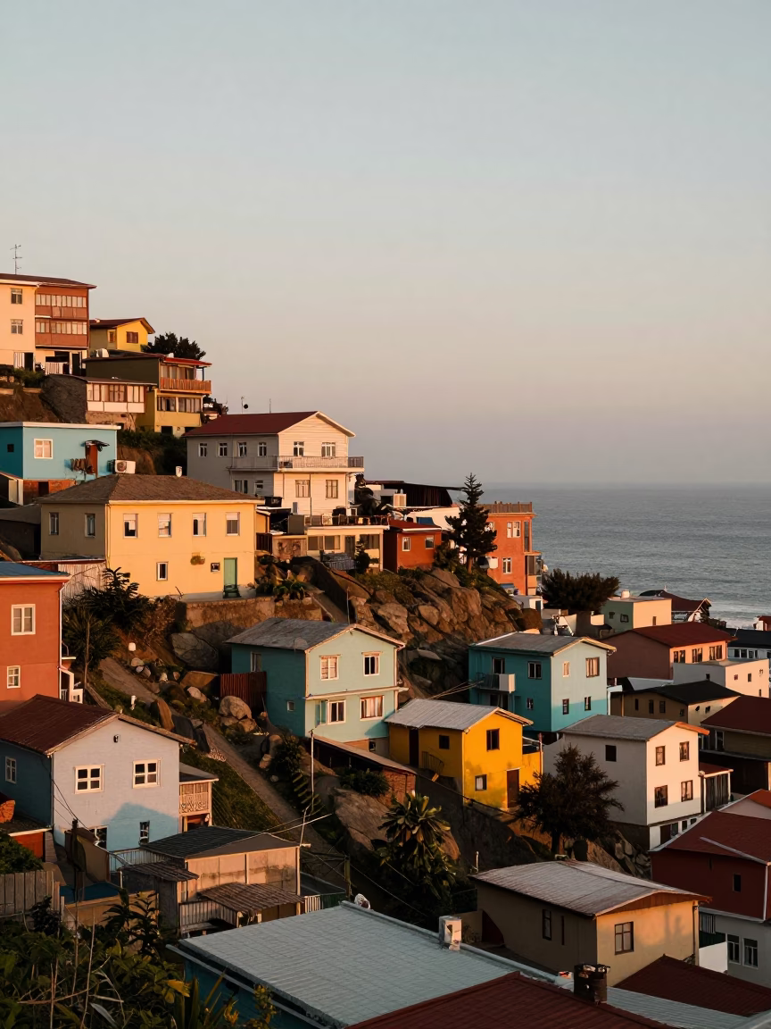 Colorful Hillside Neighborhood And Pacific Ocean in Valparaiso in in Valparaiso, Chile