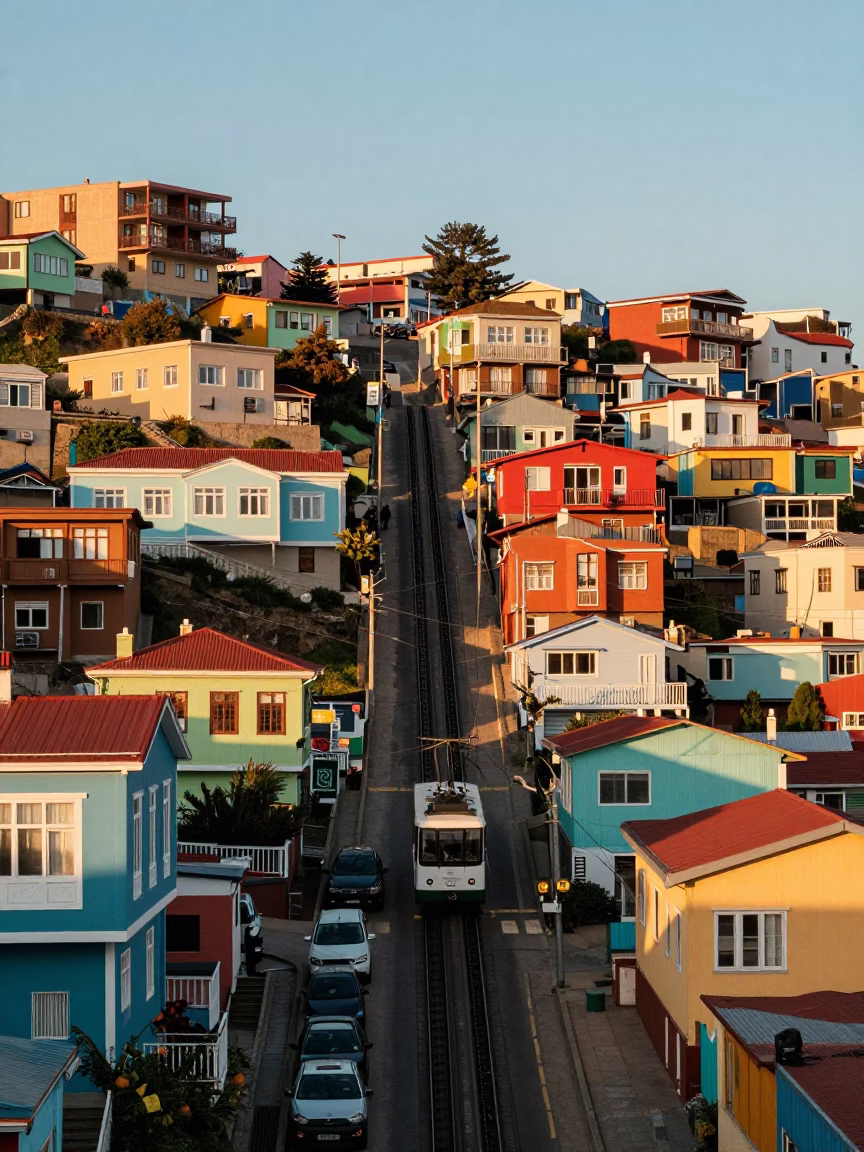 Colorful Hillside Neighborhood in Valparaiso Chile Late Afternoon Street Scene in in Valparaiso, Chile