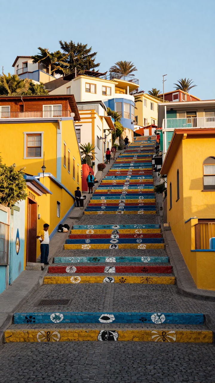 Colorful Hillside Stairs and Street Art in Valparaiso Chile Late Morning in in Valparaiso, Chile