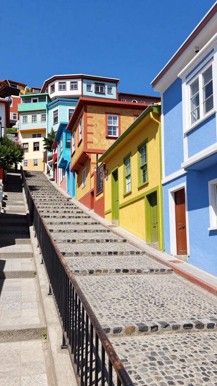 Colorful Hillside Stairway and Stair Rail in Valparaiso Chile at Midday in in Valparaiso, Chile