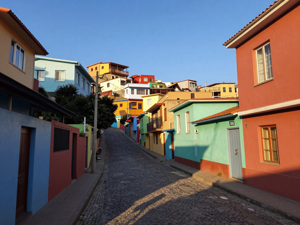 Colorful Hillside Street in Valparaiso Chile Late Afternoon Light with Local Life in in Valparaiso, Chile