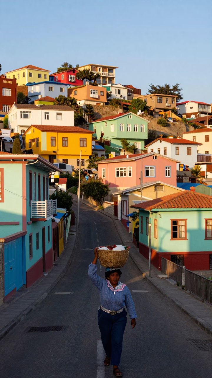 Colorful Hillside Street Scene in Valparaiso Chile Late Afternoon with Local Market Activity in in Valparaiso, Chile