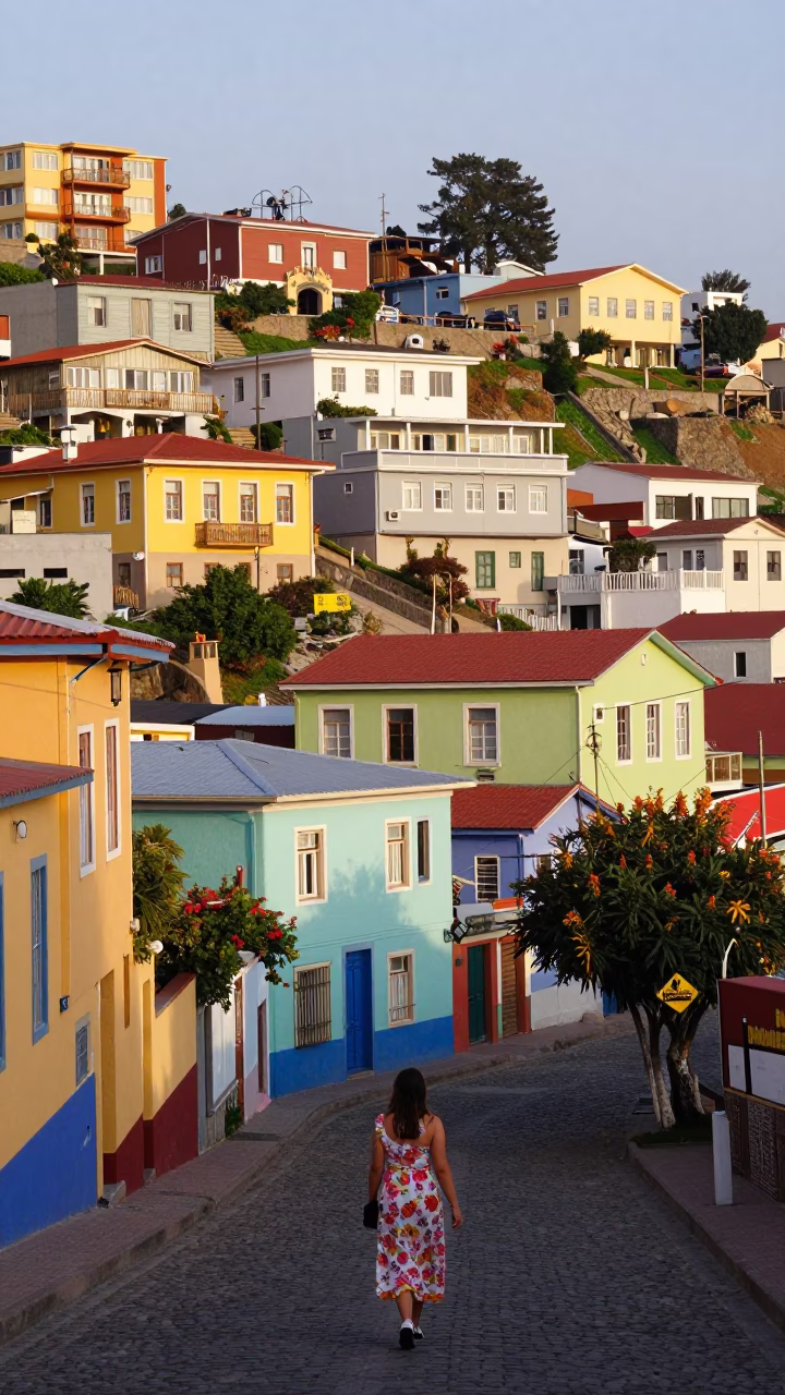 Colorful Hillside Street Scene in Valparaiso Chile Late Morning Light in in Valparaiso, Chile