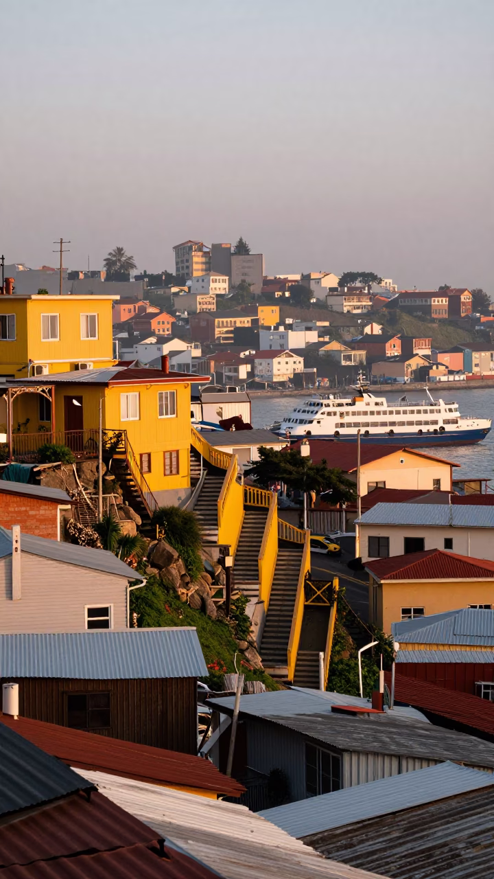 Colorful Hillside Street Scene in Valparaiso Chile with Ferry and Morning Light in in Valparaiso, Chile