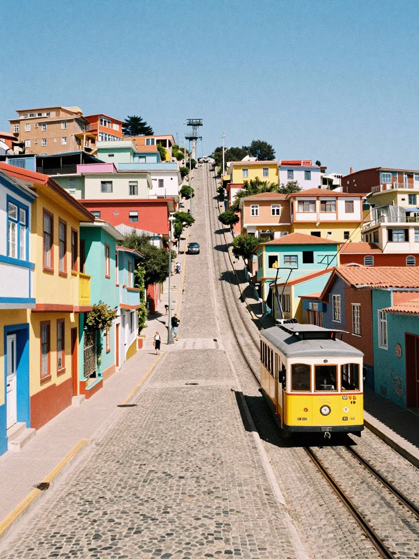 Colorful Hillside Street Scene in Valparaiso Chile with Funicular and Local Life in in Valparaiso, Chile