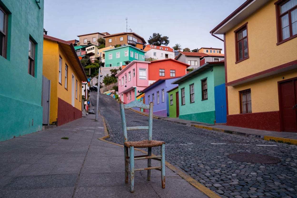 Colorful Hillside Street Scene in Valparaiso Chile with Ladder-Back Chair and Local Life in in Valparaiso, Chile