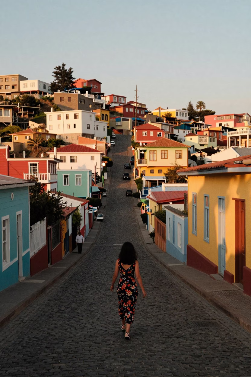 Colorful Hillside Streets of Valparaiso Chile During Honeyed Evening Light in in Valparaiso, Chile