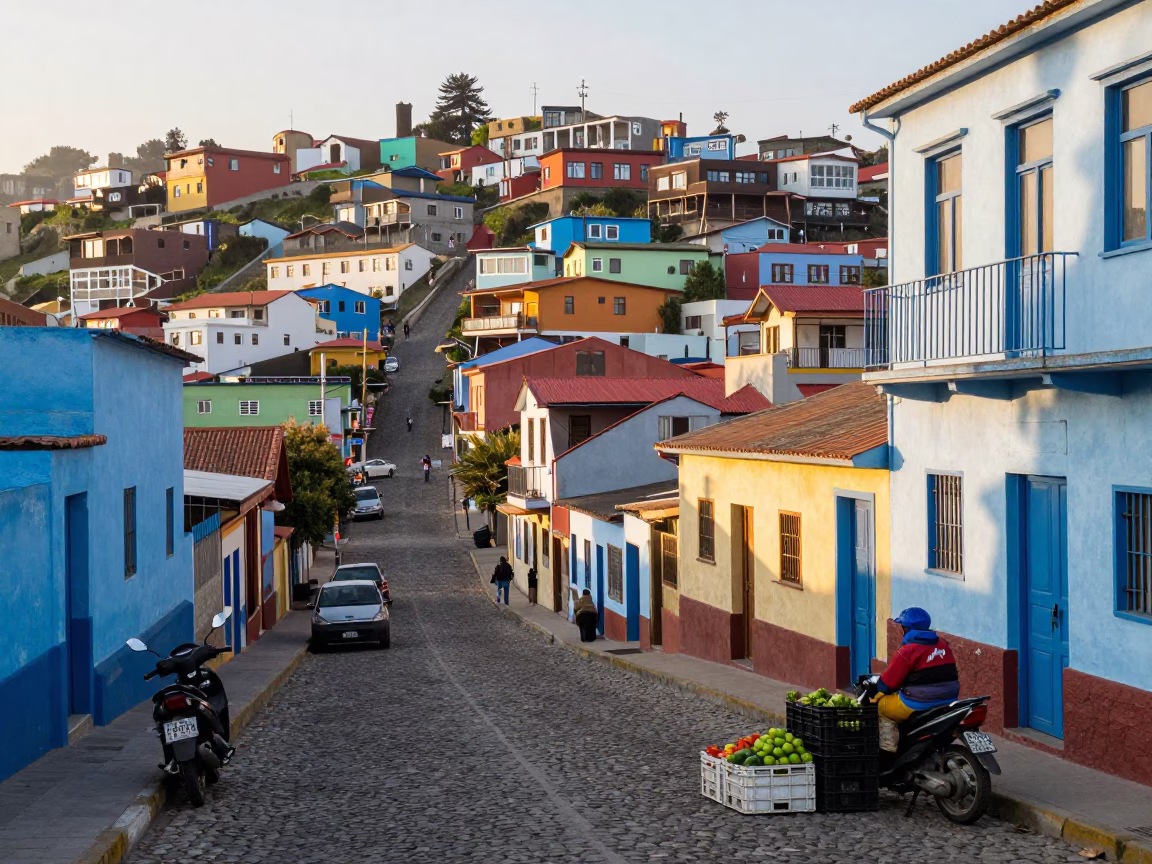 Colorful Hillside Streets of Valparaiso Chile Just After Sunrise With Local Life in in Valparaiso, Chile