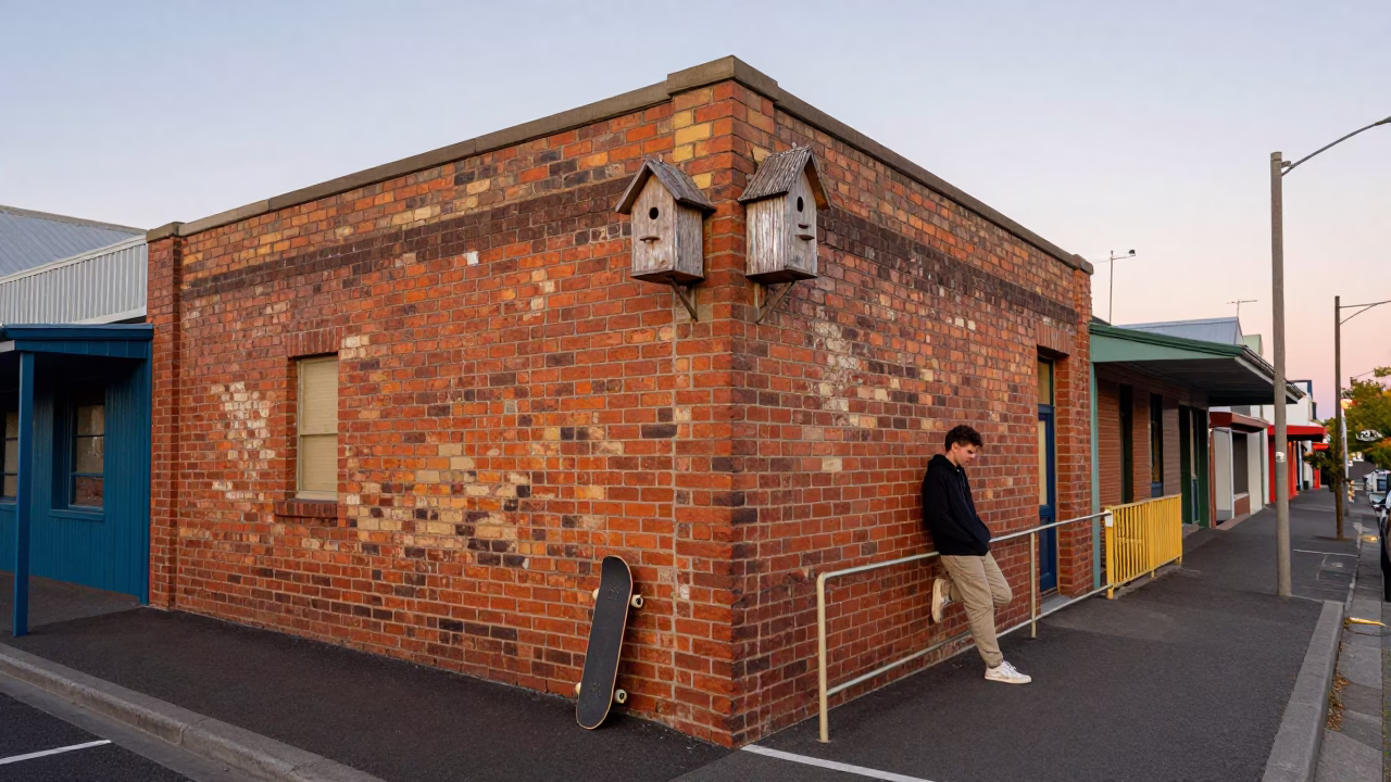 Colorful Hobart Tasmania Street Scene with Skateboard and Birdhouse in Early Evening Light in in Hobart, Tasmania, Australia