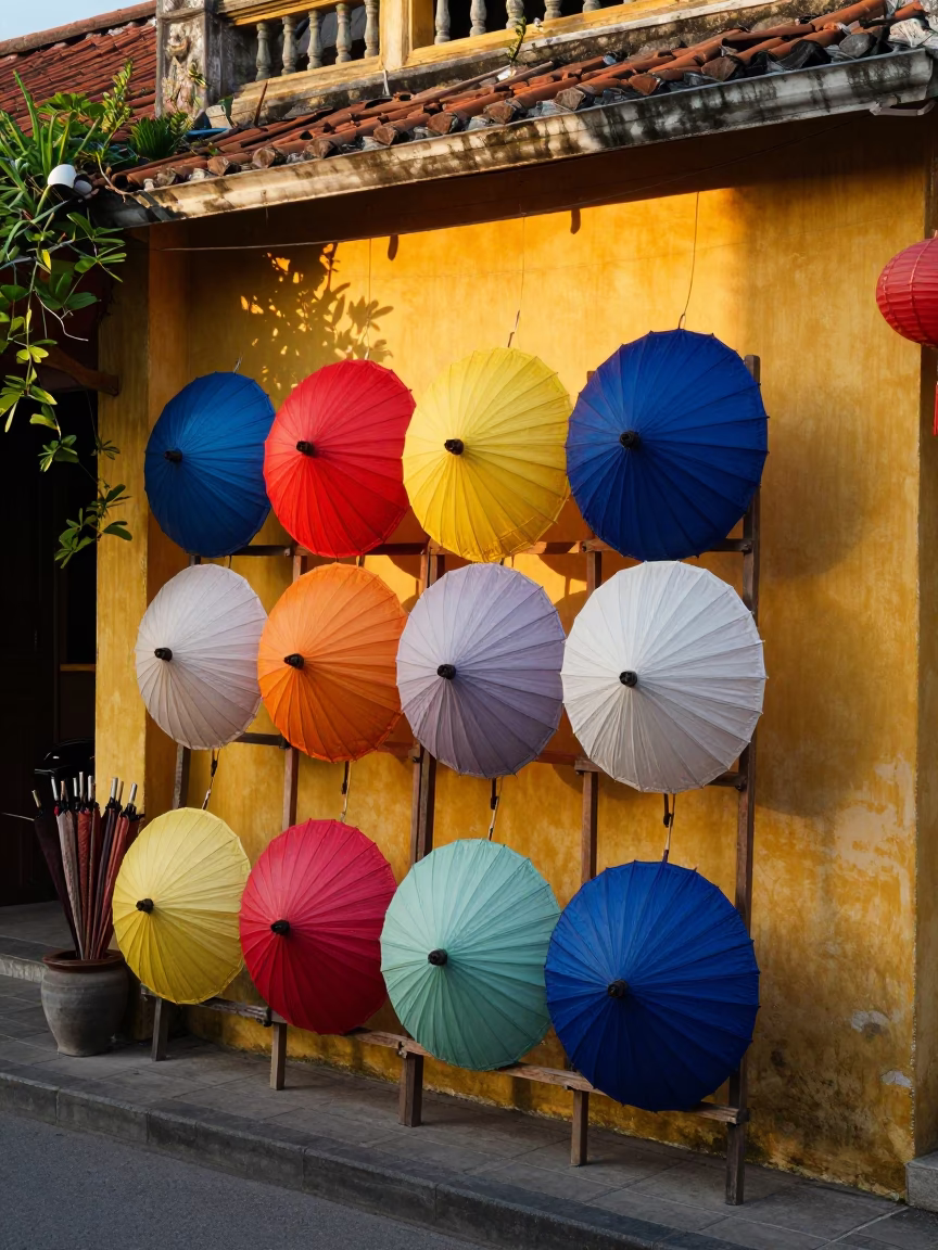 Colorful Hoi An Morning Sun Hats and Umbrellas on Yellow Wall in in Hoi An, Vietnam