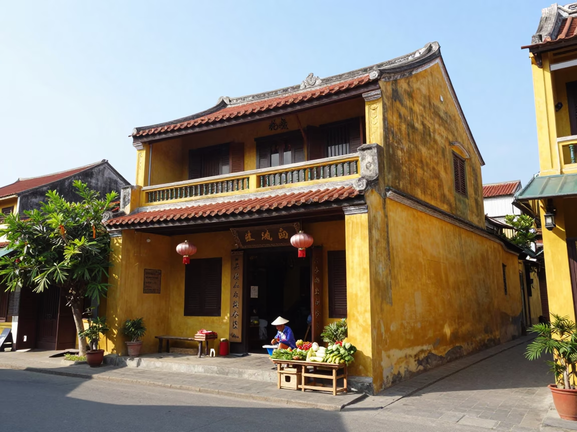 Colorful Hoi An Street Corner with Yellow Walls and Local Commerce in in Hoi An, Vietnam