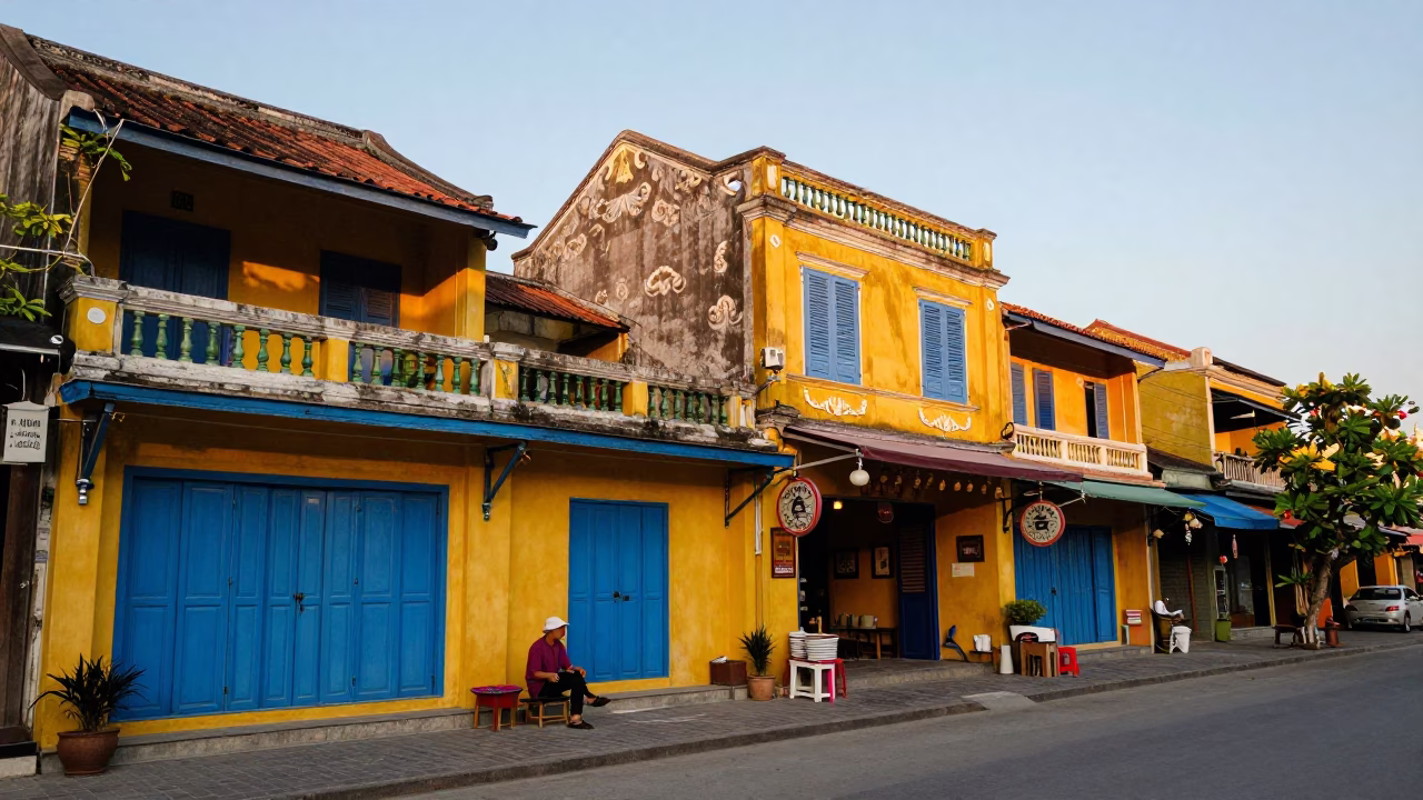 Colorful Hoi An Street Scene After Sunrise with Local Artisans in in Hoi An, Vietnam