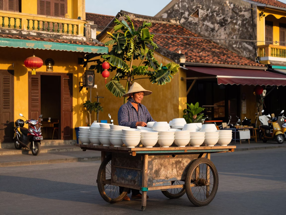 Colorful Hoi An Street Scene with Traditional Bowls and Wooden Details at Golden Hour in in Hoi An, Vietnam