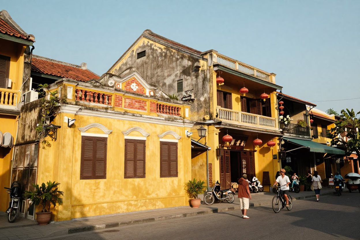 Colorful Hoi An Street Scene with Vintage Yellow Buildings and Local Market Basket in in Hoi An, Vietnam