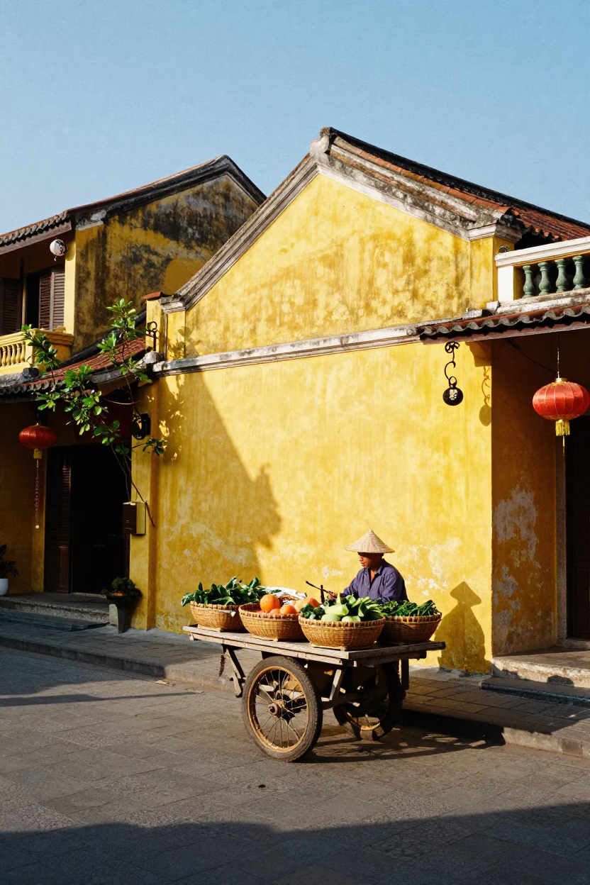 Colorful Hoi An Vietnam Street Scene Early Afternoon with Yellow Buildings and Local Life in in Hoi An, Vietnam