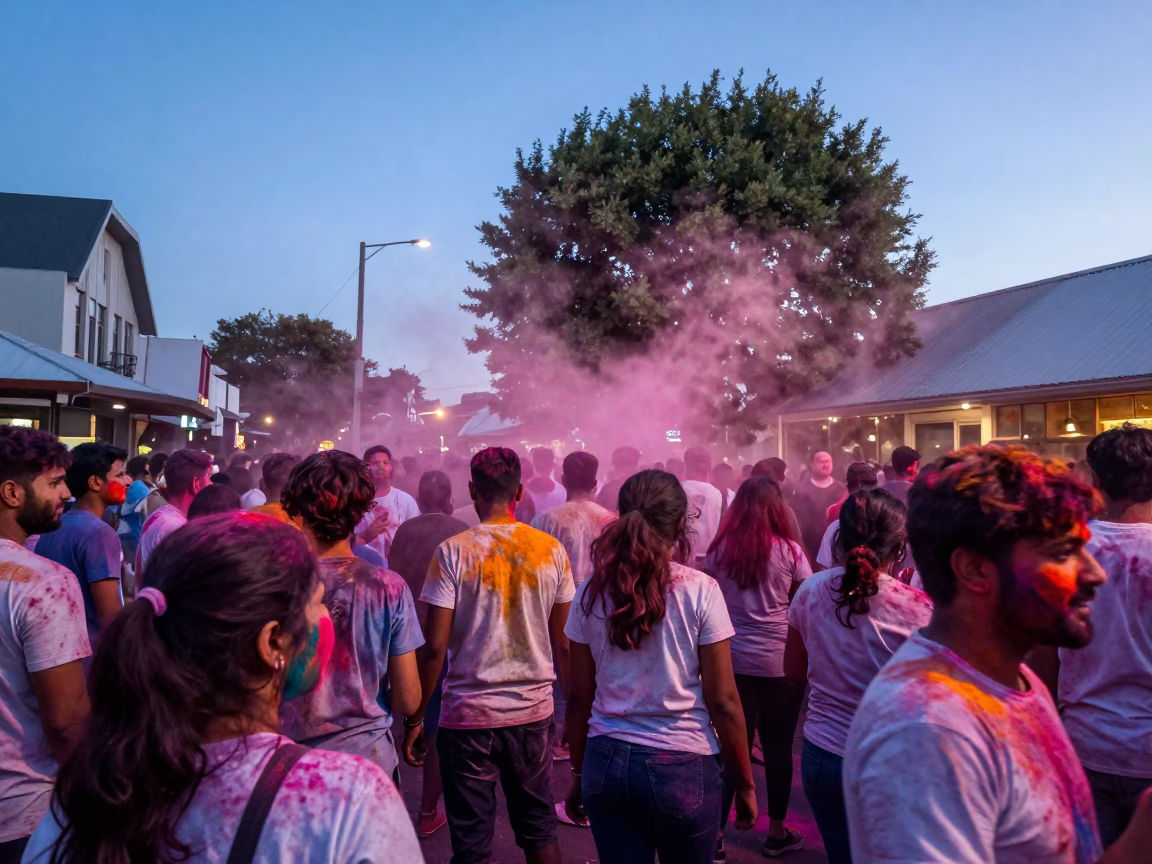 Colorful Holi Festival Celebration in Christchurch New Zealand During Blue Hour After Sunset in in Christchurch, New Zealand