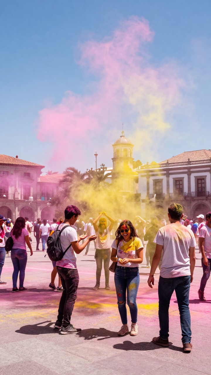 Colorful Holi Festival Celebration in Historic Quito Plaza During Midday Sunlight in in Quito, Ecuador