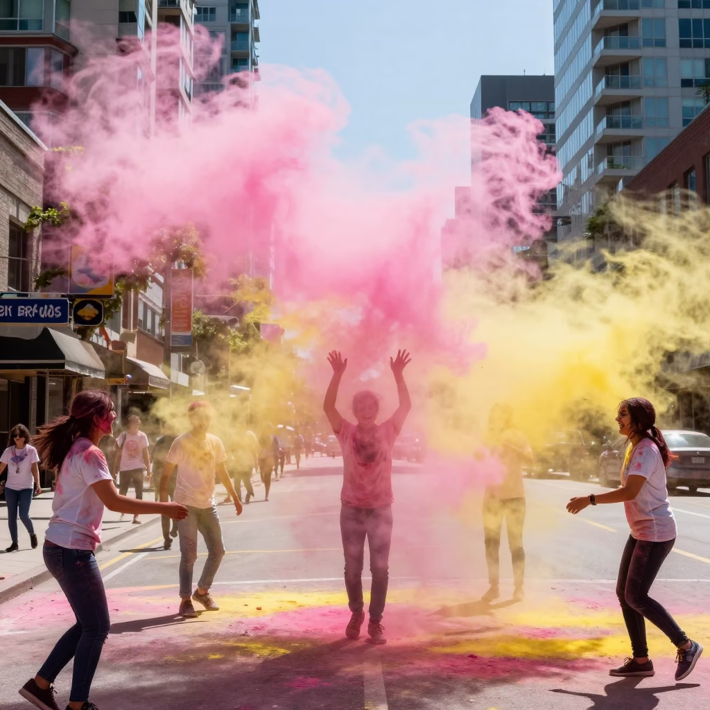 Colorful Holi Festival Powder Clouds Over Downtown Vancouver Street Under Noon Sun in in Vancouver, British Columbia, Canada