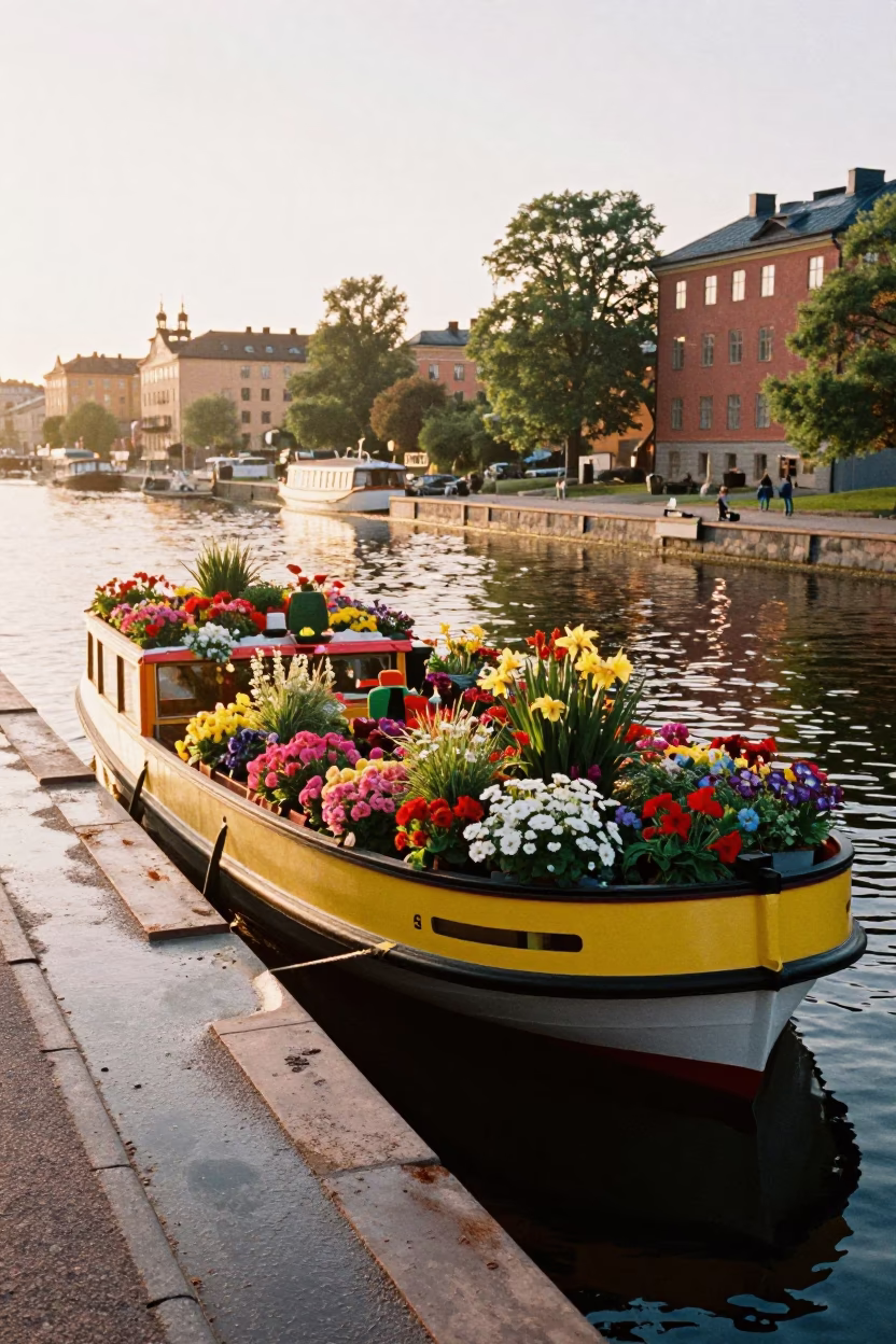 Colorful Houseboat Flower Garden on Stockholm Waterway at Sunrise in in Stockholm, Sweden