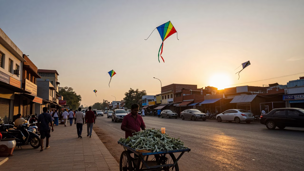 Colorful Hyderabad Evening Street Scene with Kites and String Lights in in Hyderabad, India