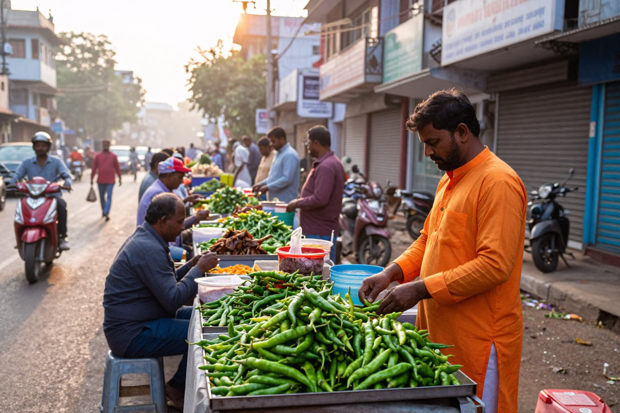Colorful Hyderabad Street Scene Just After Sunrise with Local Vendors and Daily Life in in Hyderabad, India
